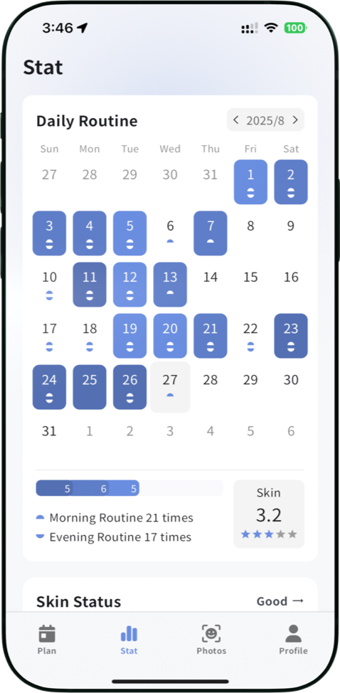 护肤日记应用界面截图 - 护肤记录页面